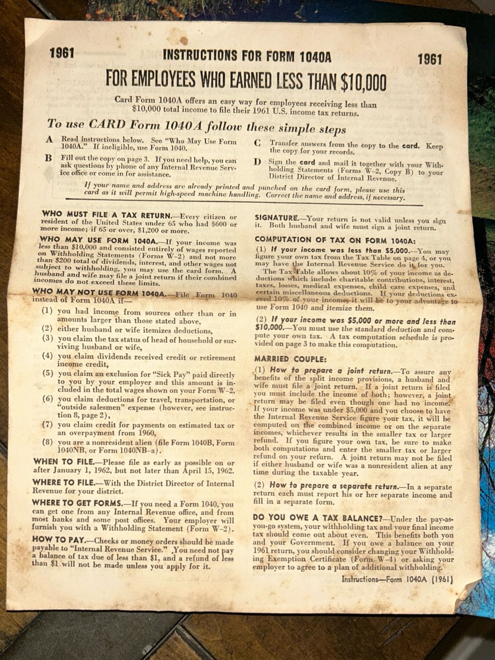 Vintage 1961 IRS Form 1040A Tax Filing InstructionS USA
Ephemera